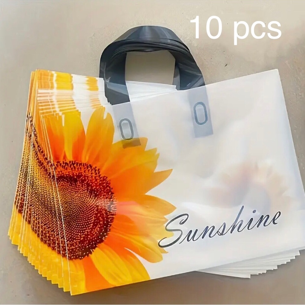 Sunshine Sunflower Plastic Tote Bags - 10 pcs